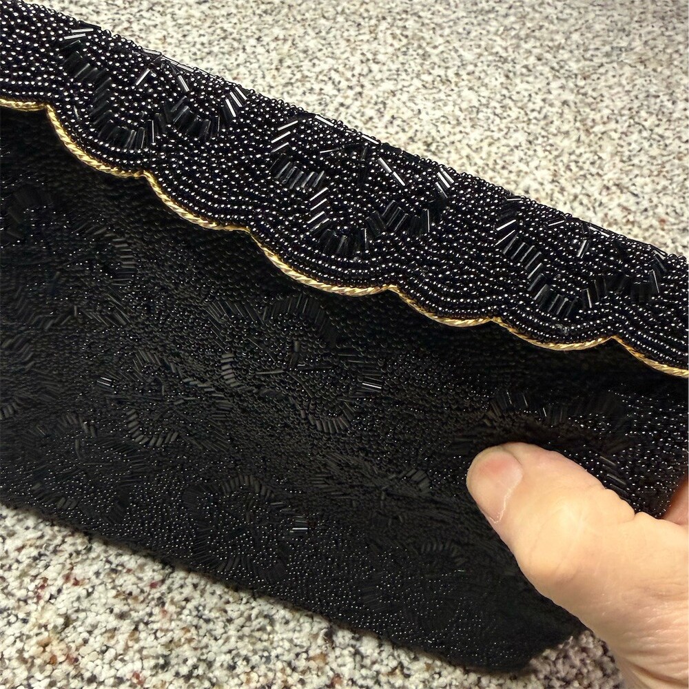 Vintage Evening Bag Purse Womens Black Beaded Floral Gold Frame Strap